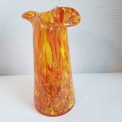 Murano Vase Hand Blown Art Glass Swirl Red Yellow Decor MCM VTG Handkerchief 10