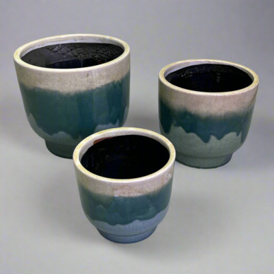 CREATIVE CO-OP Set Of 3 Terracotta Footed Planters Drip Glaze Green/Cream DG0506-image