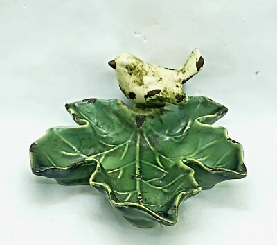 Creative Co-op Bird On Leaf Ceramic Trinket Candy Dish Rustic Bird On Leaf-image