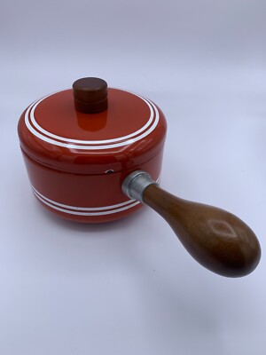 Mid Century Orange And Striped Enamel Fondue Pot / Gravy Server, Wood Handle-image