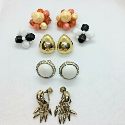 Mid Century Mod Earrings Goldtone Napier & Orange / Blk White Bead /Rhinestone-image
