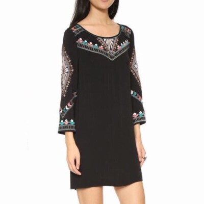 ELLA MOSS Embroidered Joss Shift Dress Retro Black Metallic Boho X-Small-image