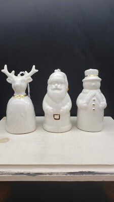 Set 3 Creative Coop Bell Ornaments Santa Snowman Reindeer Christmas White Gold-image