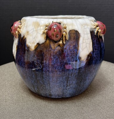 Vintage Crackle Drip Glaze Ladybug Mid Century Modern planter Signed-image