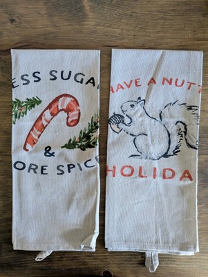 NWT 2 creative co-op 28x18 Cotton Printed Tea Towels w/Loop Holiday Squirrel -image