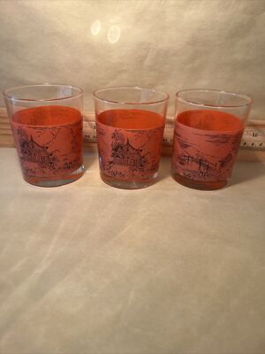 Vintage Mid Century Oriental Landscape Orange Glasses-image