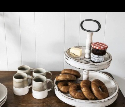 Creative Co-op Distressed Wood 2 Tiered Tray w/ Metal Handle-image