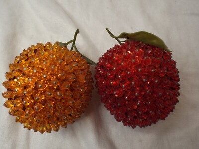 Vintage Mid Century Beaded Fruit Set Red Apple and Orange Faceted Plastic Leaves-image