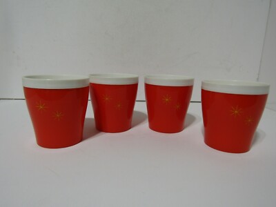 Vintage Set of 4 Mid Century Modern  Tumblers. Orange with  stars Of Gold-image