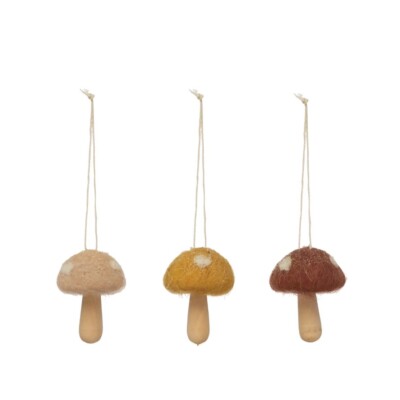 Creative Co-Op Wool Mushroom Ornament Decor with Wood Stem Pick 1 Color 2
