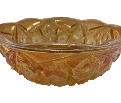 Vintage MCM 8” Marigold Peach Iridescent Carnival Glass Trinket Candy Dish Bowl-image