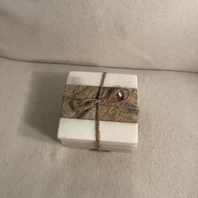 Creative Co-Op Square Marble Coasters With Jute String Set 4-image