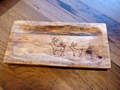 Creative Co-Op Mango Wood Laser Cut Holiday Serving Tray with Deer Reindeer-image
