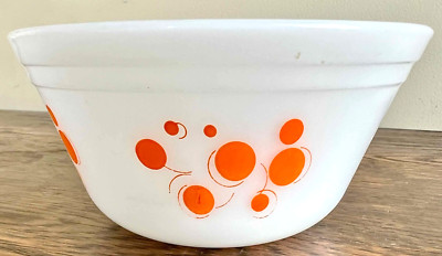 Vintage Federal Milk Glass Mixing Bowl Atomic Orange Polka Dots 6” D x 3” T-image