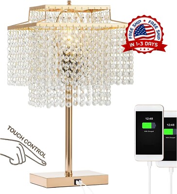 Lámpara de mesa de cristal dorado con 2 puertos de carga USB de hierro pulido US-image