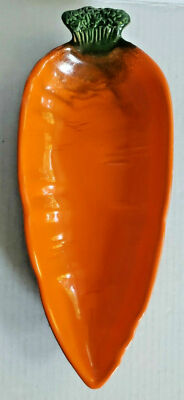 Vintage Mid Century USA Pottery 10 Orange Carrot Shaped  Wood Tone Back Dish-image