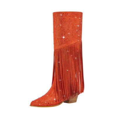 Womens PU Leather Side Zip Pointed Toe Tassels Spangle Decor Knee High Boots-image
