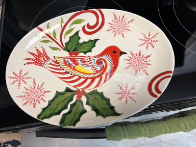 KATE McROSTIE CREATIVE CO-OP CHRISTMAS RED BIRD HOLLY SERVING PLATTER PLATE-image
