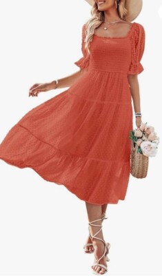 Puff Sleeve Mid Length CottageCore Dress Orange/Coral-image