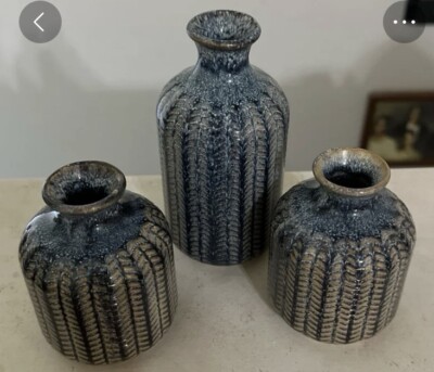 creative co-op Glazed Pottery Set Of Three Small Light Blue Vintage Pots-image