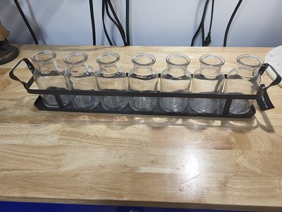 Matte Black Elongated Metal 7  Glass Bottles With Holder Stand. Creative Co-op-image
