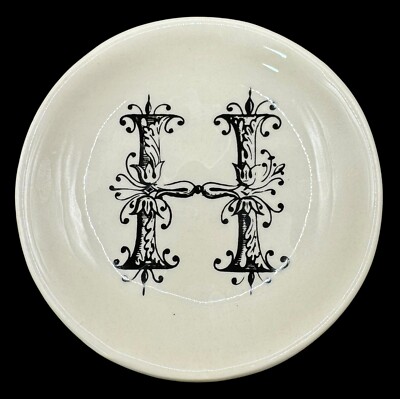 Creative Co-op Ceramic Pottery Trinket Dish Monogram Initial H Black White 3.75”-image