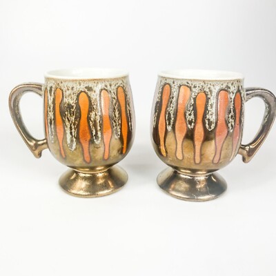Mid century Modern Drip Glaze Copper Orange Mugs set of 2-image