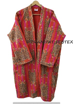 Tibetan Tiger Kantha Quilt Handmade Orange Mid-Length Jacket Woman's Winterwear-image