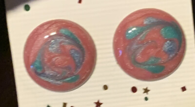 Orange Blue Swirled Vintage Pierced Enameled Earrings Glitter Sparkle-image