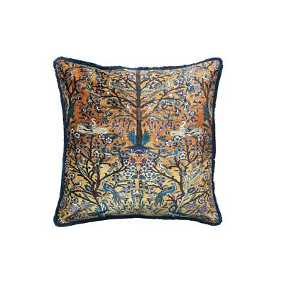 , Multicolor Global Tapestry Velvet Pillow with Fringe-image
