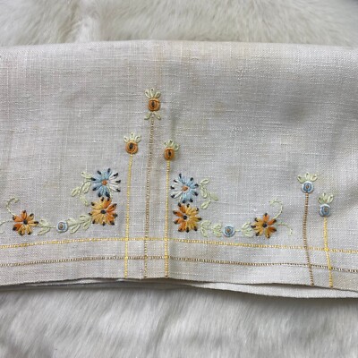 Vintage Linen Textile with Orange & Blue Embroidered Flowers 17.5