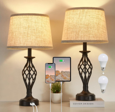 Lamparas De Mesa De Noche Con Puerto USB Lampara Para Escritorio Dormitorio Sala-image