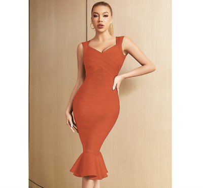 NEW! DESIGNER COUTURE CLASSIC ORANGE BANDAGE DRESS RUFFLE HEM SQUARE BACK DETAIL-image