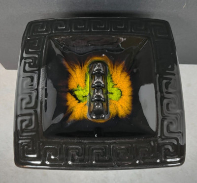 Vintage Mid-Century Aztec Design Orange & Green Swirl Art Pottery Table Ashtray-image