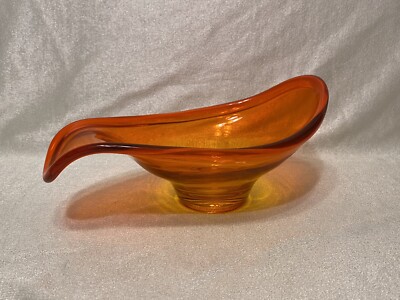 Vintage Mid Century Viking Glass Orange Abstract Oblong Pedestal Bowl-image