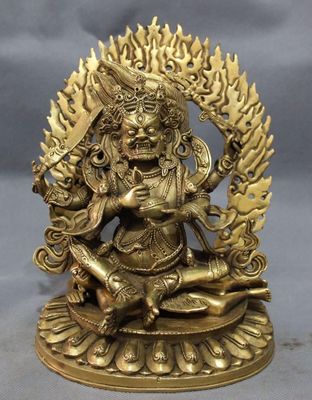 Exquisite Tibet Brass Buddhism Vajra 4 Arms Mahakala Buddha Joss Jambhala Statue-image