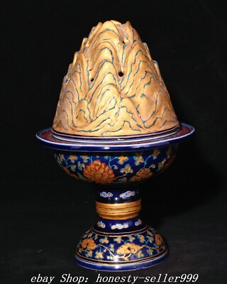 Yongle Blue Glaze Color Porcelain Gilt Boshan Joss Pattern Incense Burner Censer-image