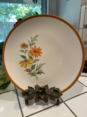 Vintage Mid century 12” Round, Ceramic Platter, orange flower and Rim-image