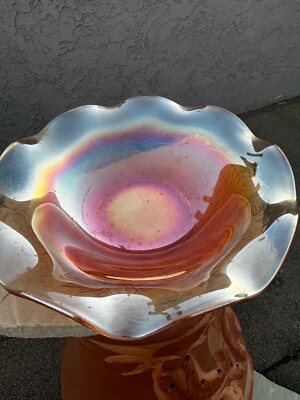 Vintage Orange Opalescent Carnival Glass Wavy Swirl Bowl Candy Dish 10”-image