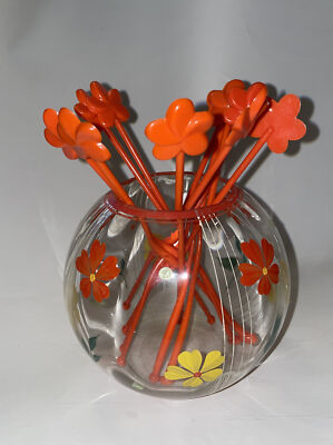 Mid-Century Orange Flower Swizzle Sticks 11 Cocktail Stirrers Groovy Glass Vase-image