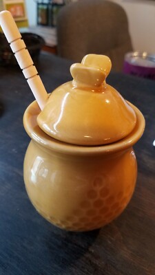 Golden Yellow Stoneware Pot Bee & Wood Honey Dipper Serving Creative Co-Op NEW -image