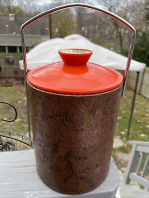 VTG BROWN TOOLED EMBOSSED LEATHER ICE BUCKET/ORANGE TOP MID CENTURY BARWARE-image