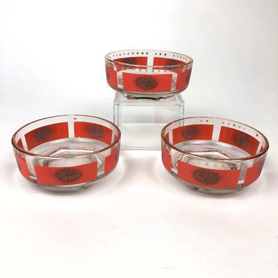 MCM (3) Glass Snack Bowls Orange Gold Sun & Stars Pattern Gold Rim VTG 60's/70's-image
