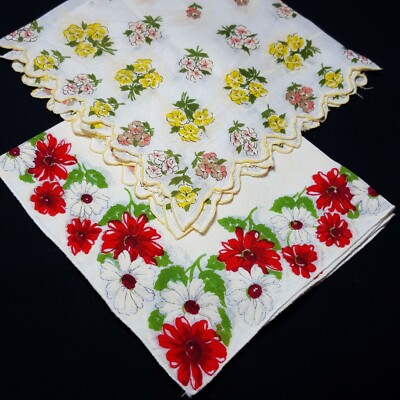 Vintage Mid Century Hankie Handkerchief Scallop Edge Red & Yellow Flowers  2 -image