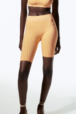 ZARA Orange Checkered Seamless Cycling Leggings Shorts Women’s Size XS-S-image