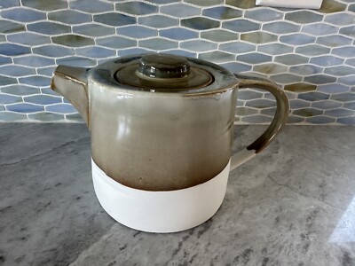 Stoneware Pottery Tea Pot Creative Co-op Tan White Blue Glazed-image