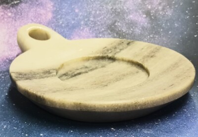 Hand Carved Marble Dish w/ Handle Beige Made in India 7.5