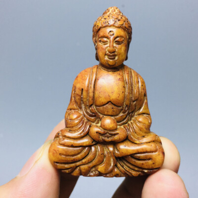 Old Chinese natural yellow jade hand-carved statue joss pendant 1pcs-image