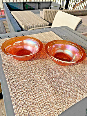 (2) Vintage Carnival Glass Bowl Orange/Gold Circa Mid 1900s Unusual Pattern-image