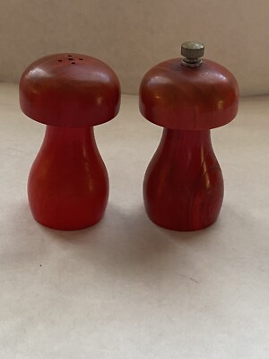 Vintage Orange Wood Mushroom Salt Pepper Shakers Mid Century Mod 1960s-70s-image